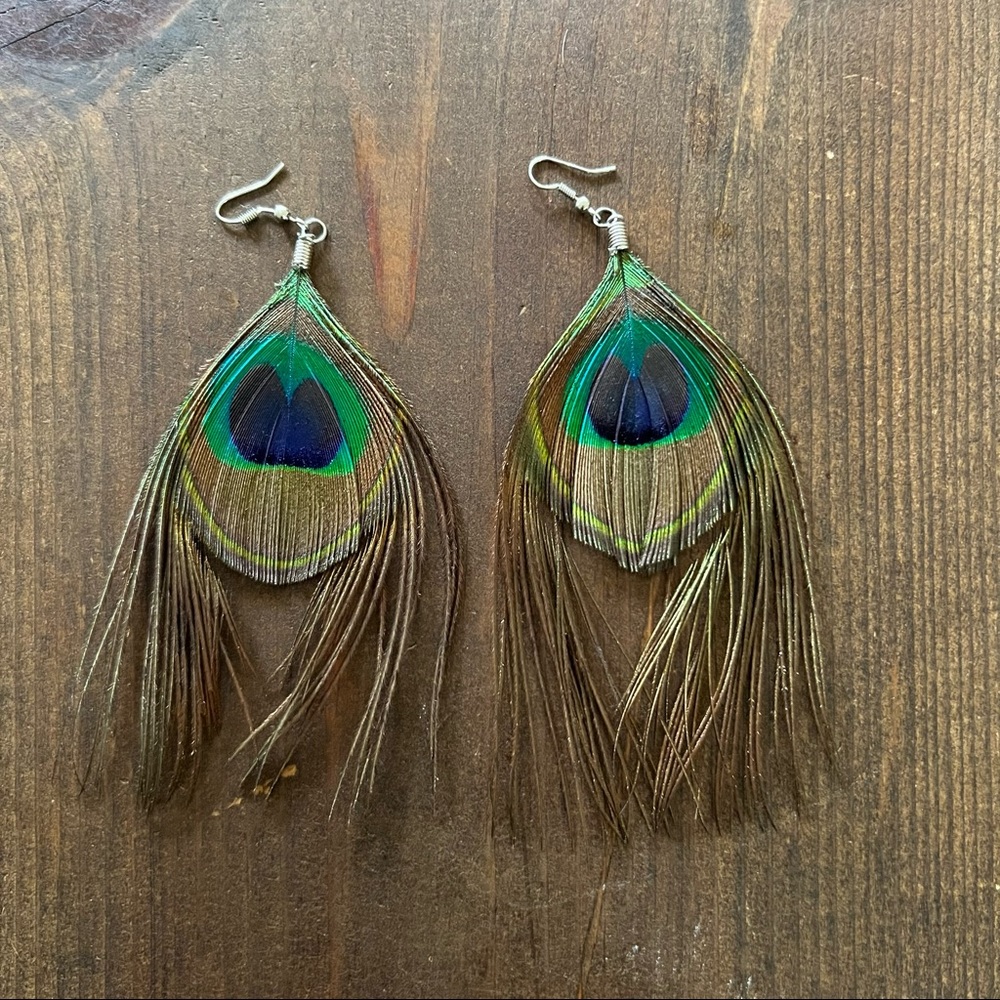 Peacock feather dangle earrings